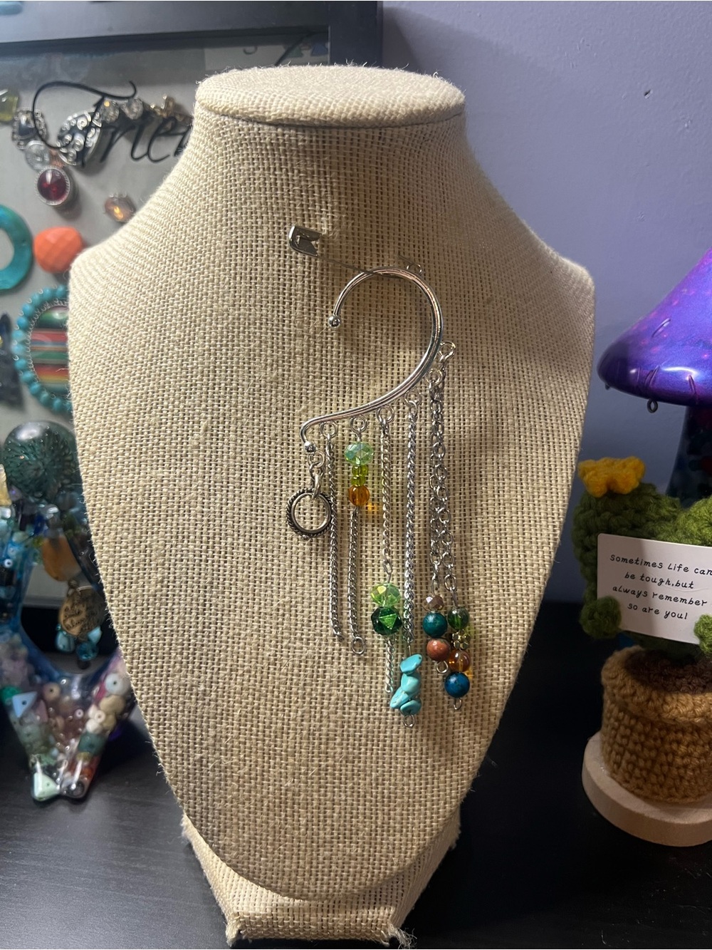 #213. Handmade Up Cycled Ear Cuff with Silver  & Beads Colorful